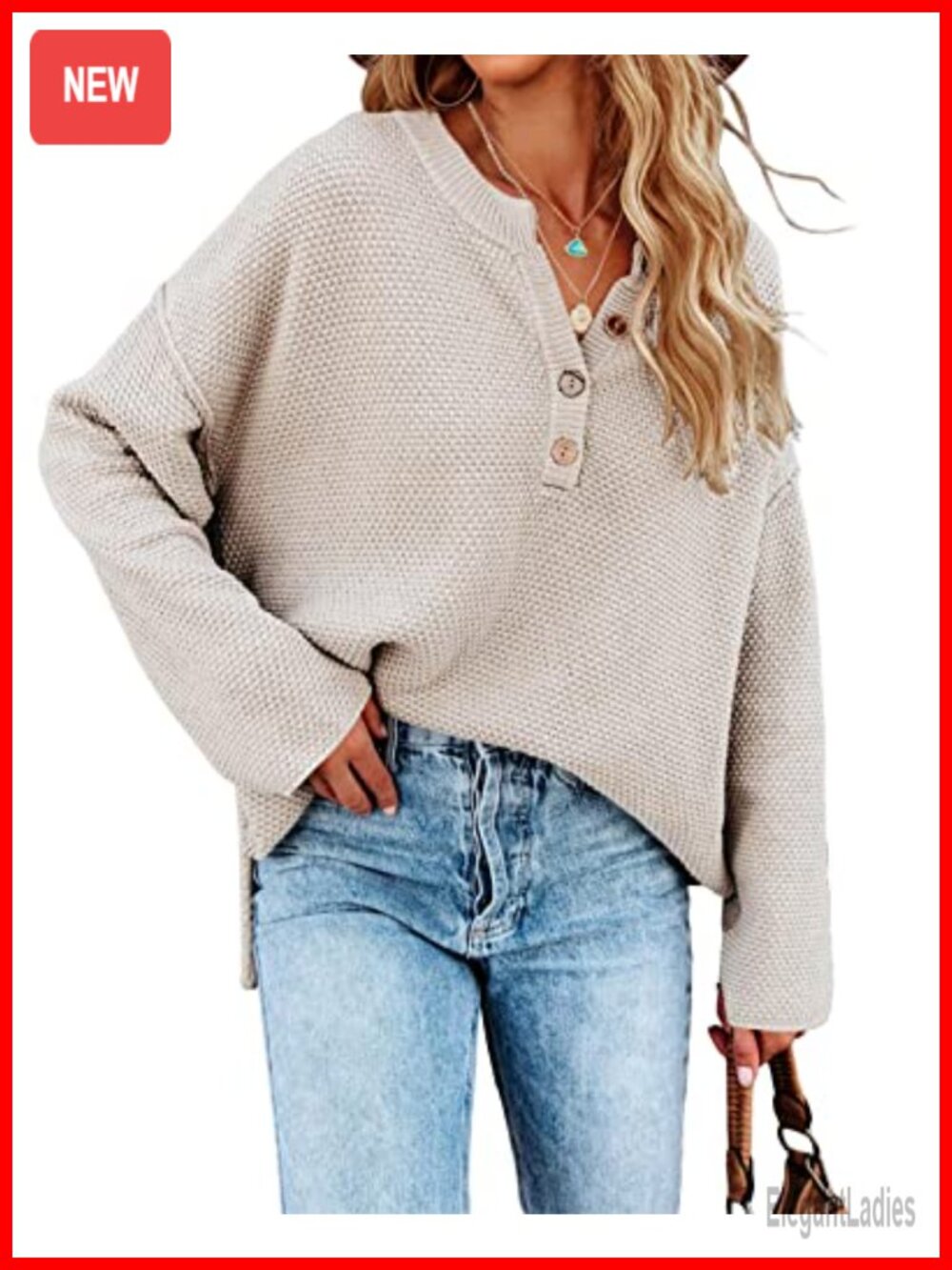 Oversized V Neck Knit Pullover Sweater Long Sleeve Button Batwing Top